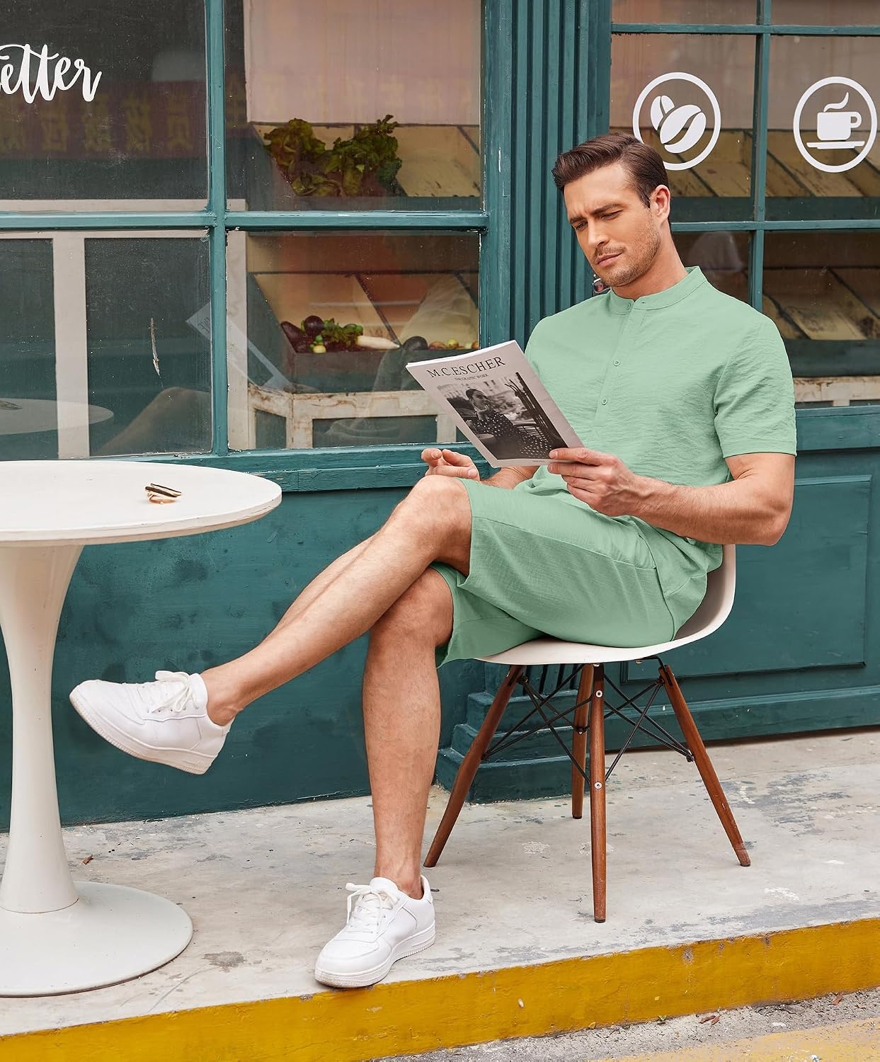 image:imageCOOFANDY Mens 2 Pieces Linen Set Casual Henley Shirts Beach Pants Outfits Button ClosureBeachSummerLightweight BreathableAdjustable DrawstringIce Green