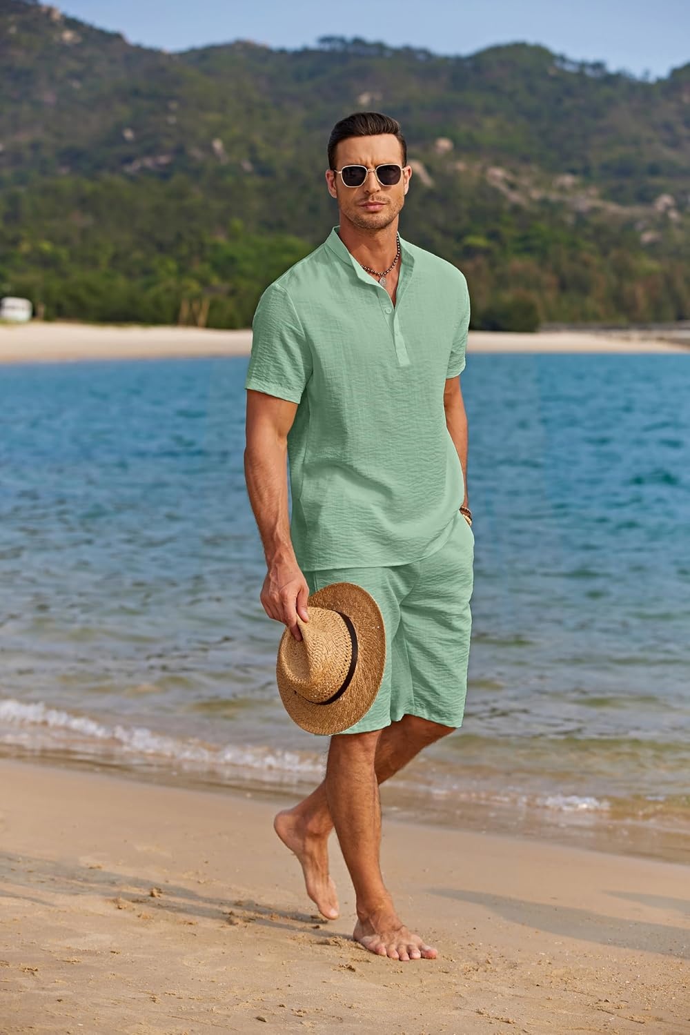image:imageCOOFANDY Mens 2 Pieces Linen Set Casual Henley Shirts Beach Pants Outfits Button ClosureBeachSummerLightweight BreathableAdjustable DrawstringIce Green