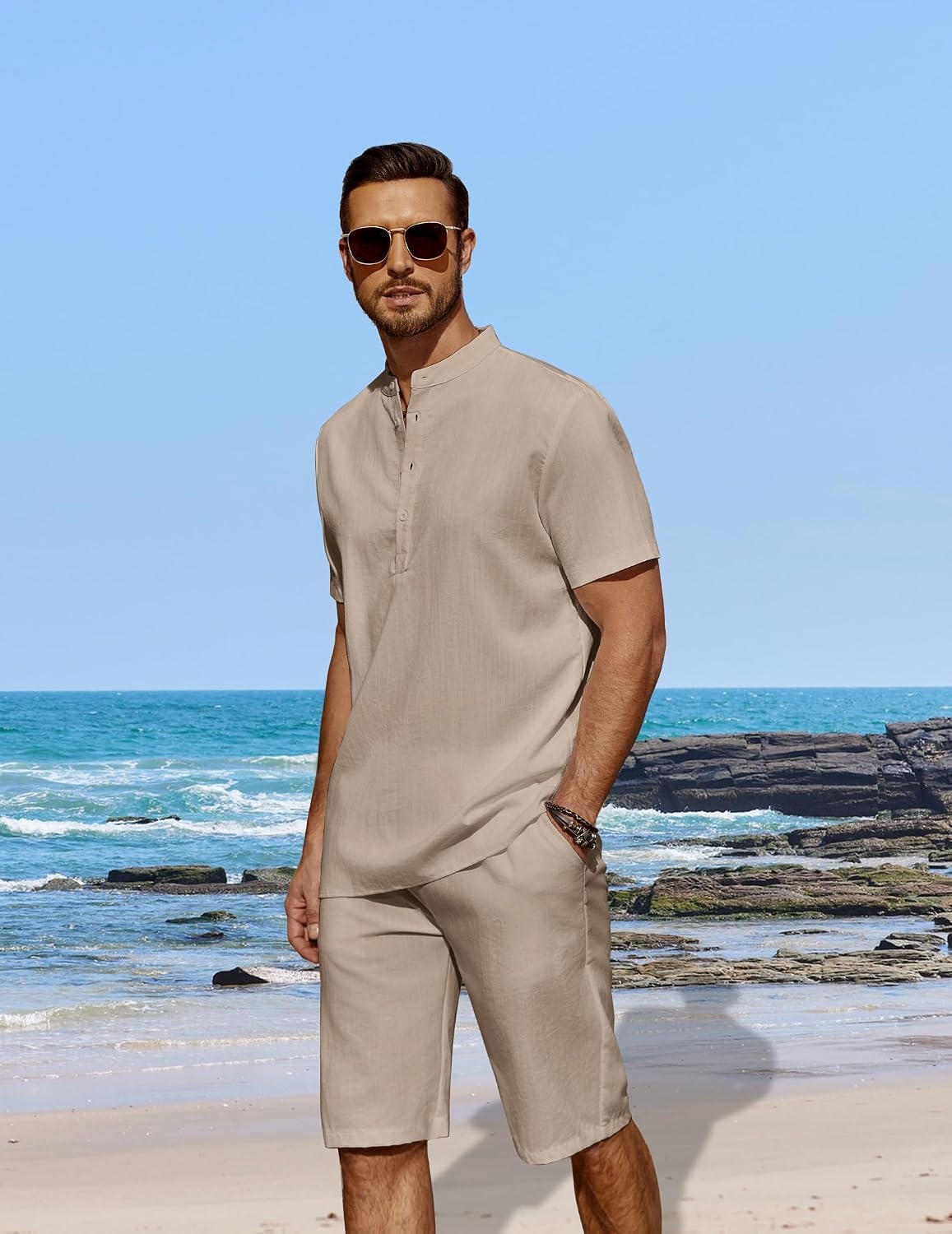 image:imageCOOFANDY Mens 2 Pieces Linen Set Casual Henley Shirts Beach Pants Outfits Button ClosureBeachSummerLightweight BreathableAdjustable DrawstringKhaki