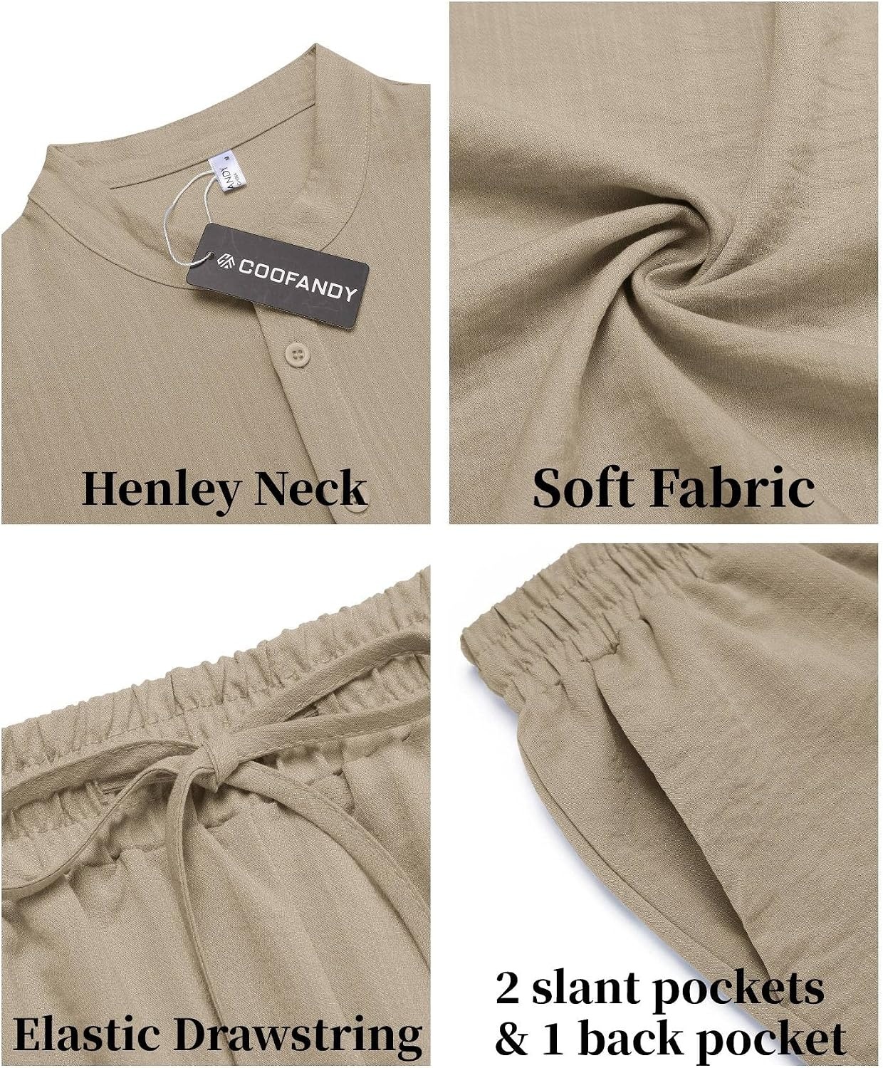 image:imageCOOFANDY Mens 2 Pieces Linen Set Casual Henley Shirts Beach Pants Outfits Button ClosureBeachSummerLightweight BreathableAdjustable DrawstringKhaki