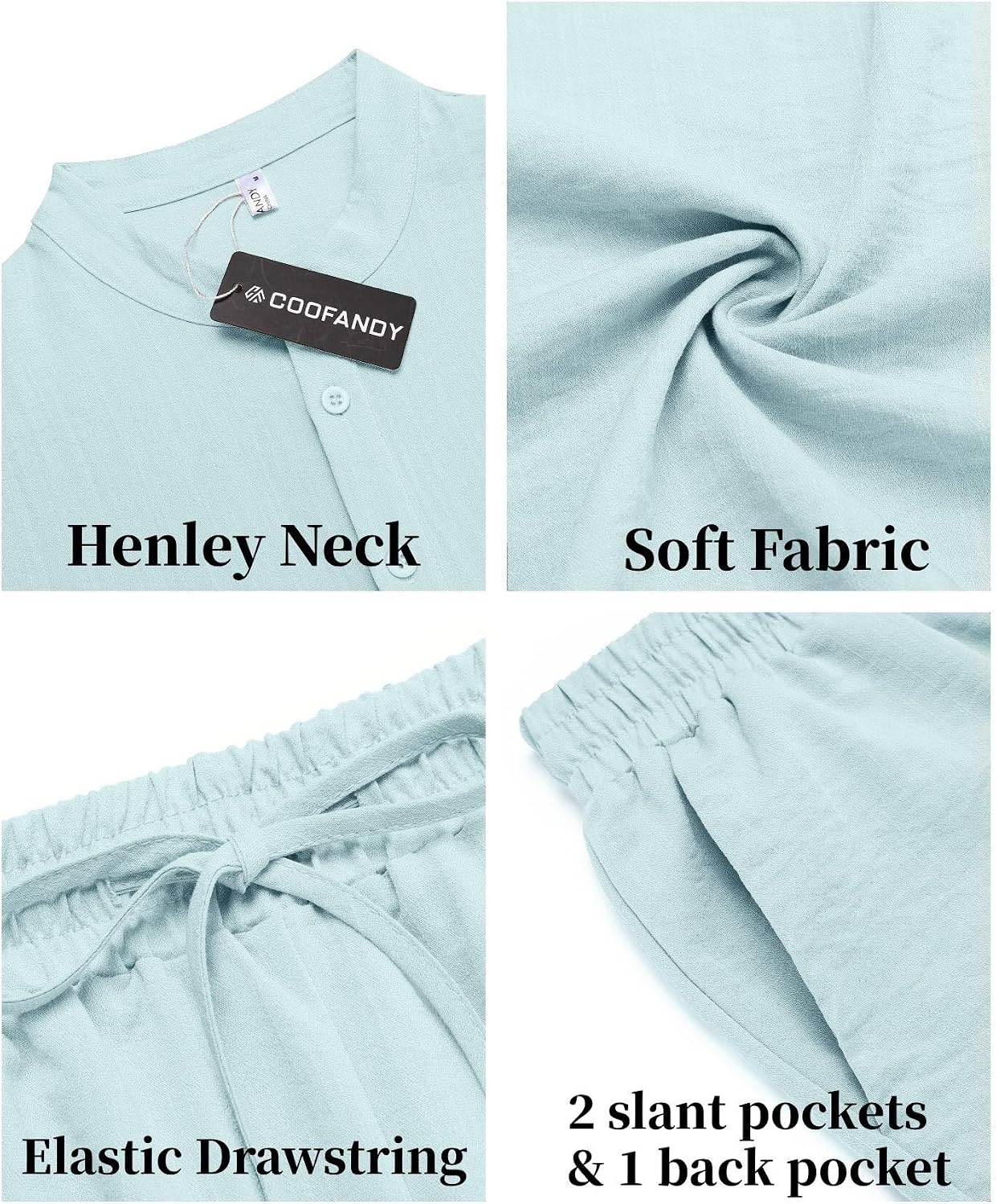 image:imageCOOFANDY Mens 2 Pieces Linen Set Casual Henley Shirts Beach Pants Outfits Button ClosureBeachSummerLightweight BreathableAdjustable DrawstringLight Blue