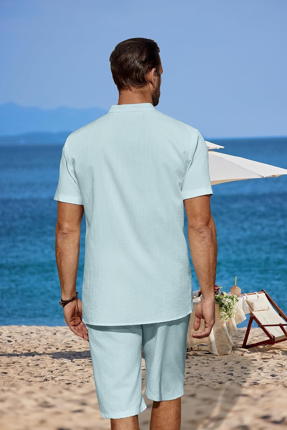 image:imageCOOFANDY Mens 2 Pieces Linen Set Casual Henley Shirts Beach Pants Outfits Button ClosureBeachSummerLightweight BreathableAdjustable DrawstringLight Blue