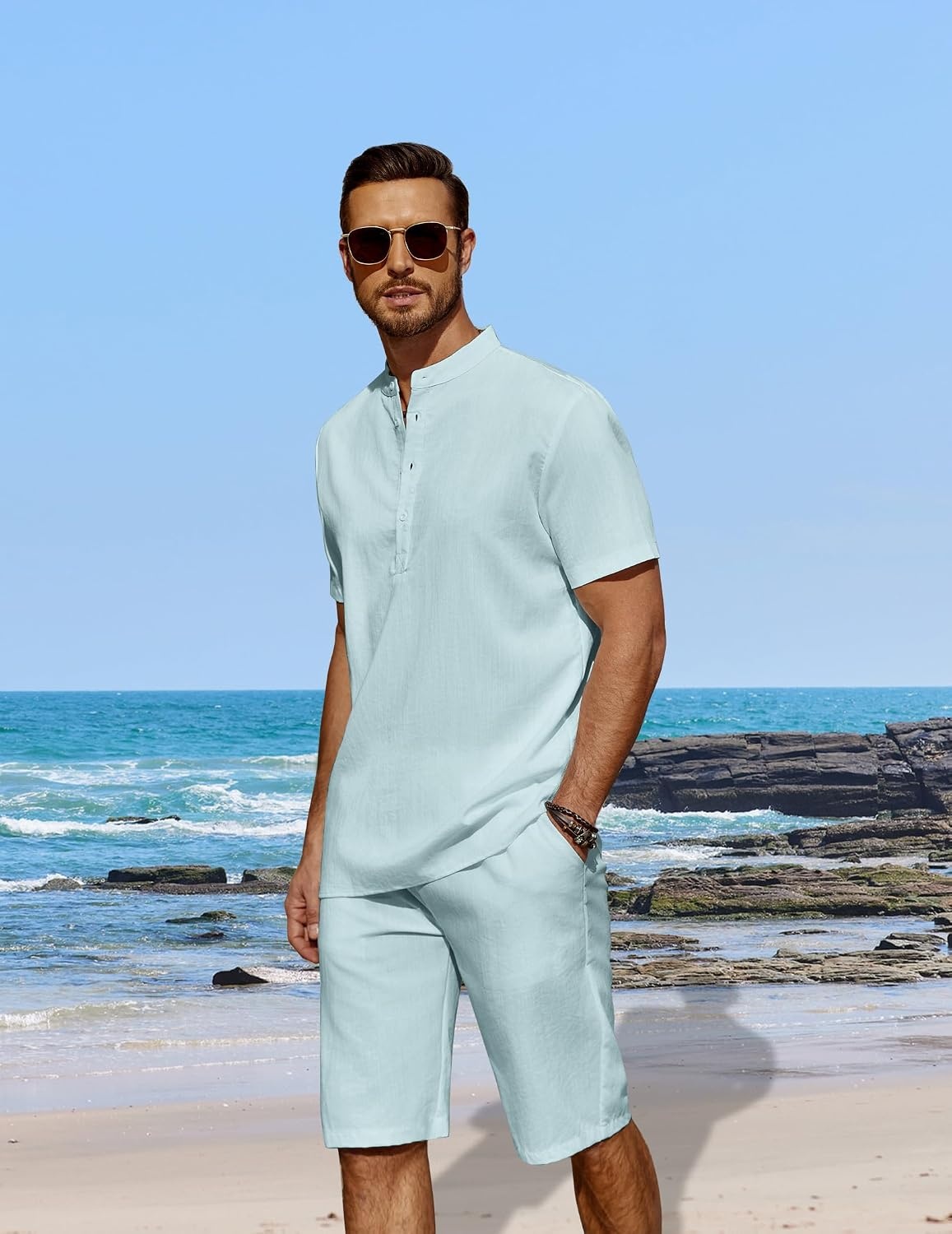 image:imageCOOFANDY Mens 2 Pieces Linen Set Casual Henley Shirts Beach Pants Outfits Button ClosureBeachSummerLightweight BreathableAdjustable DrawstringLight Blue