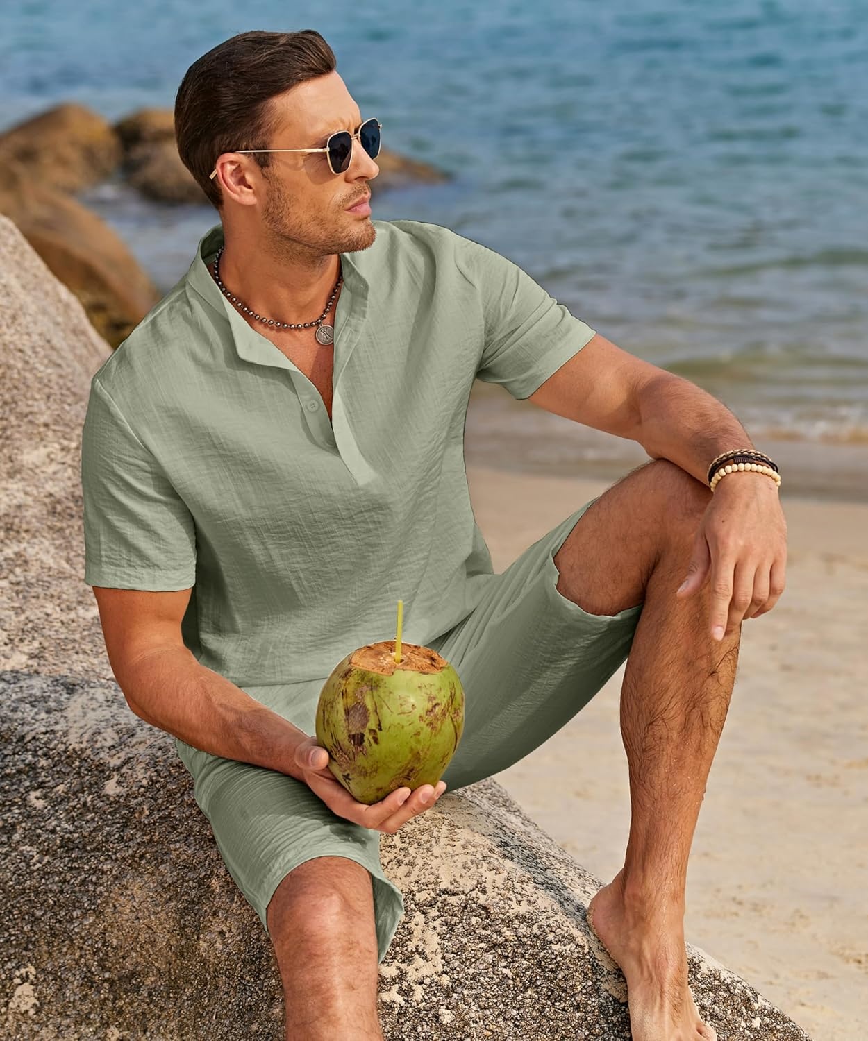 image:imageCOOFANDY Mens 2 Pieces Linen Set Casual Henley Shirts Beach Pants Outfits Button ClosureBeachSummerLightweight BreathableAdjustable DrawstringLight Green