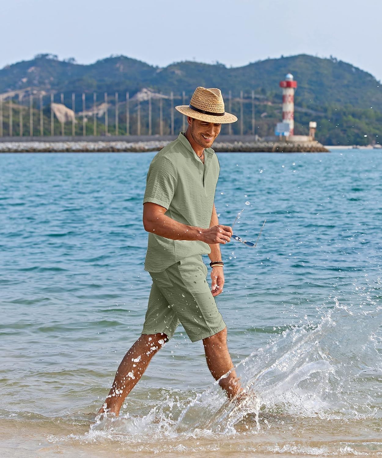 image:imageCOOFANDY Mens 2 Pieces Linen Set Casual Henley Shirts Beach Pants Outfits Button ClosureBeachSummerLightweight BreathableAdjustable DrawstringLight Green