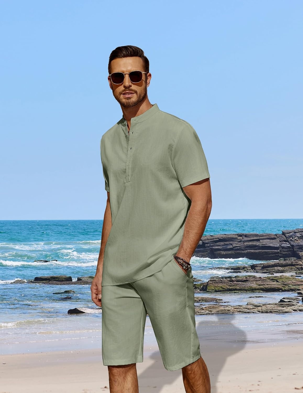 image:imageCOOFANDY Mens 2 Pieces Linen Set Casual Henley Shirts Beach Pants Outfits Button ClosureBeachSummerLightweight BreathableAdjustable DrawstringLight Green