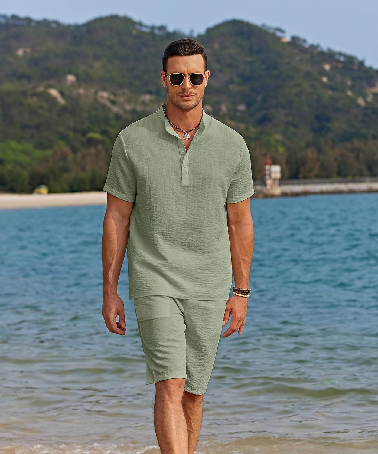 image:imageCOOFANDY Mens 2 Pieces Linen Set Casual Henley Shirts Beach Pants Outfits Button ClosureBeachSummerLightweight BreathableAdjustable DrawstringLight Green