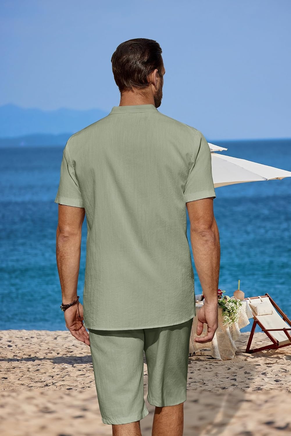 image:imageCOOFANDY Mens 2 Pieces Linen Set Casual Henley Shirts Beach Pants Outfits Button ClosureBeachSummerLightweight BreathableAdjustable DrawstringLight Green