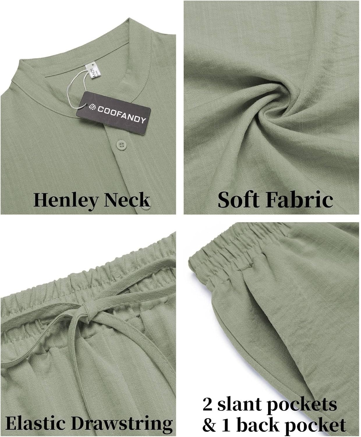 image:imageCOOFANDY Mens 2 Pieces Linen Set Casual Henley Shirts Beach Pants Outfits Button ClosureBeachSummerLightweight BreathableAdjustable DrawstringLight Green