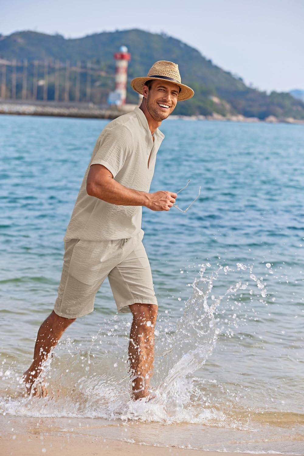 image:imageCOOFANDY Mens 2 Pieces Linen Set Casual Henley Shirts Beach Pants Outfits Button ClosureBeachSummerLightweight BreathableAdjustable DrawstringLight Khaki