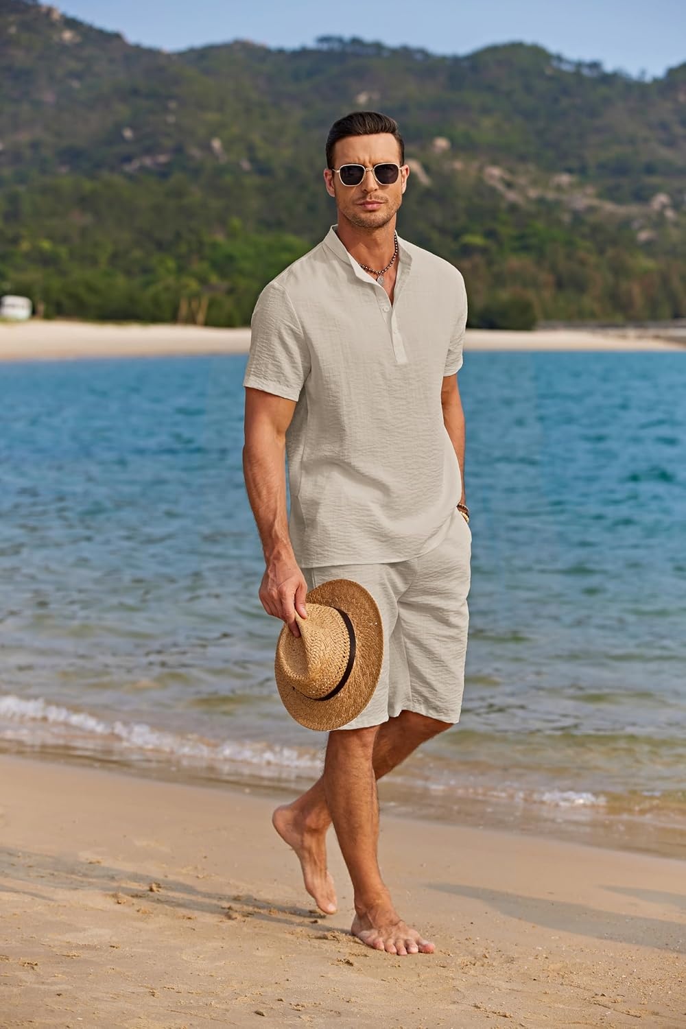 image:imageCOOFANDY Mens 2 Pieces Linen Set Casual Henley Shirts Beach Pants Outfits Button ClosureBeachSummerLightweight BreathableAdjustable DrawstringLight Khaki