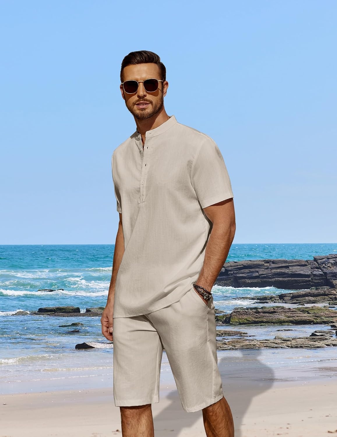 image:imageCOOFANDY Mens 2 Pieces Linen Set Casual Henley Shirts Beach Pants Outfits Button ClosureBeachSummerLightweight BreathableAdjustable DrawstringLight Khaki