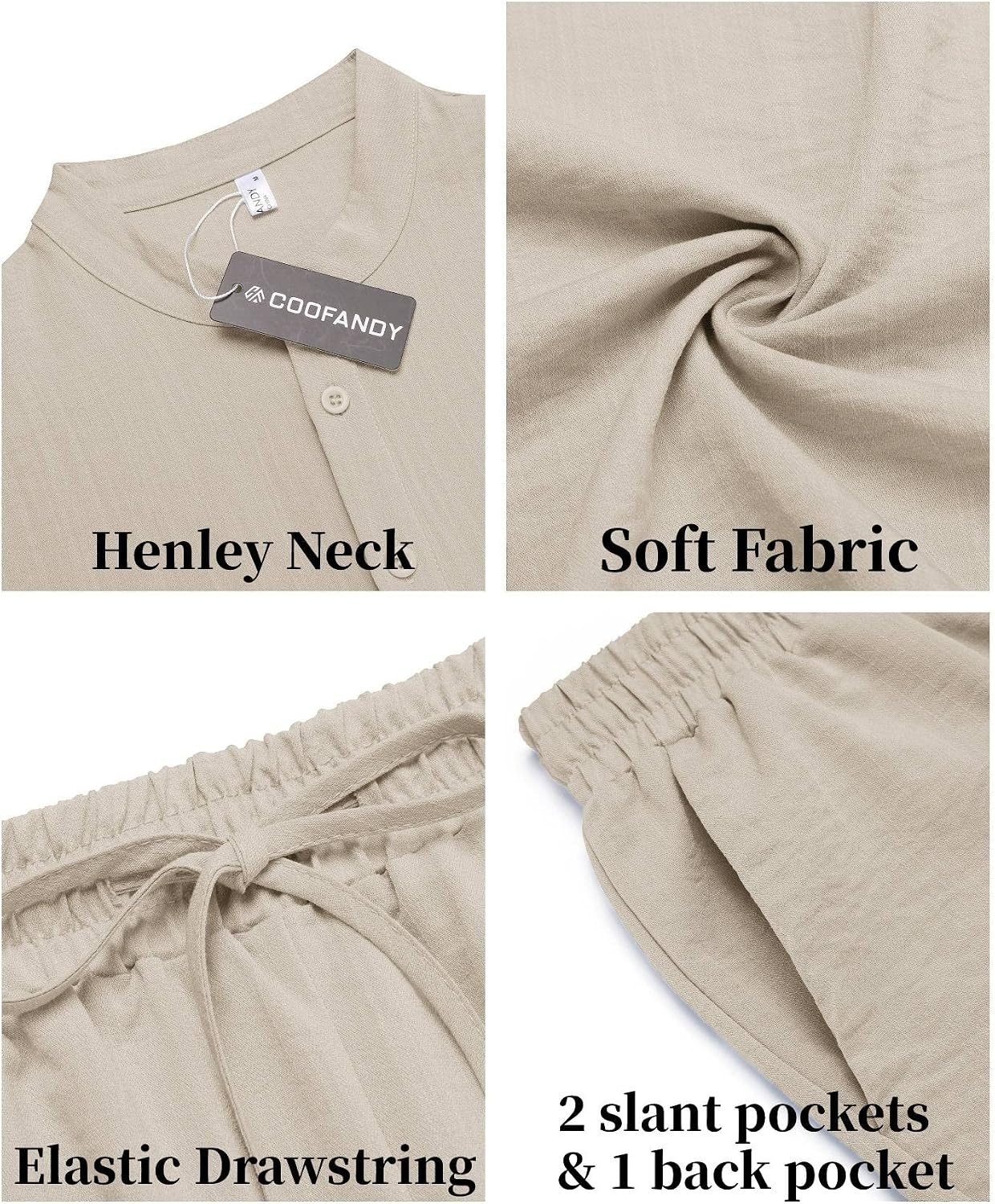 image:imageCOOFANDY Mens 2 Pieces Linen Set Casual Henley Shirts Beach Pants Outfits Button ClosureBeachSummerLightweight BreathableAdjustable DrawstringLight Khaki