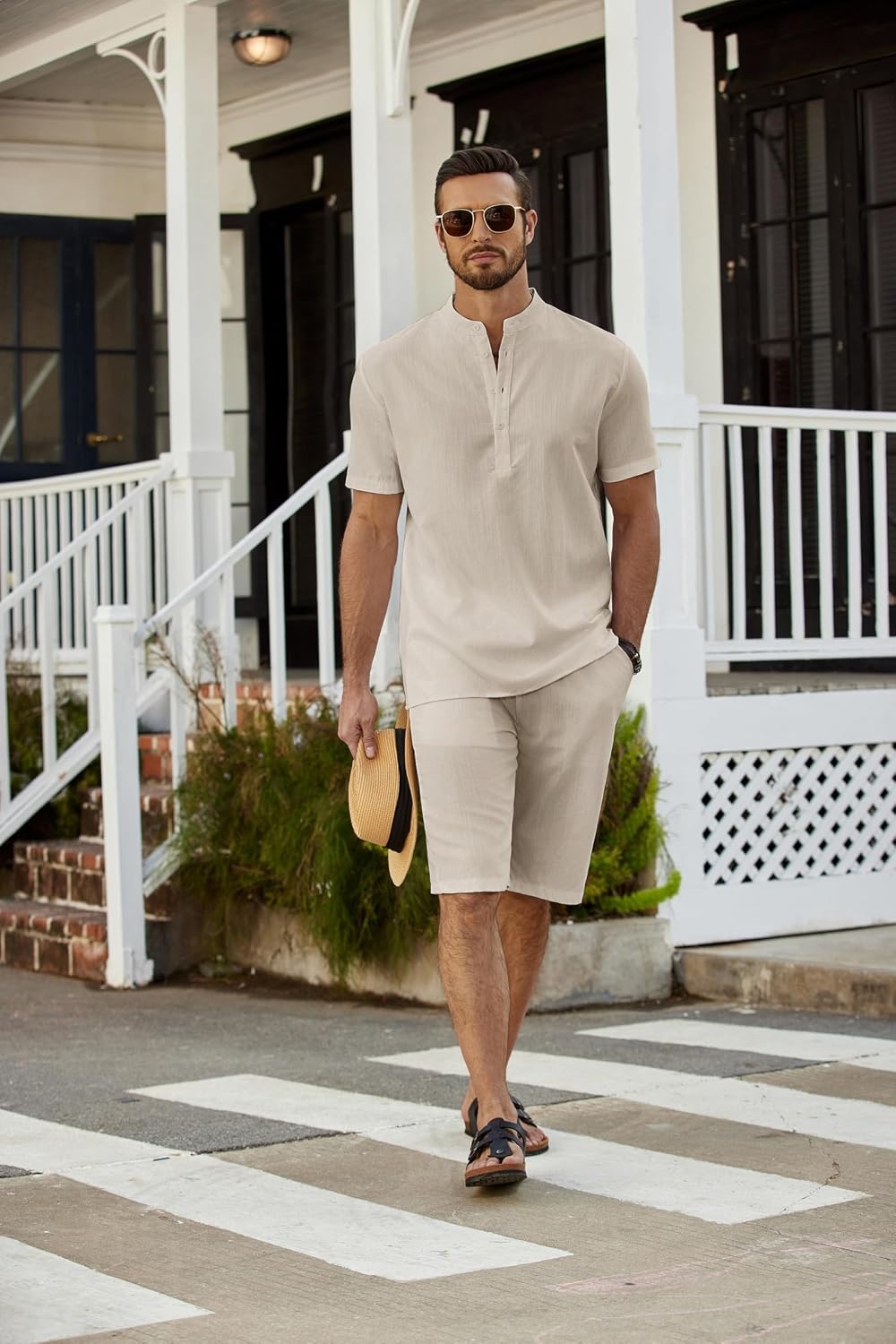 image:imageCOOFANDY Mens 2 Pieces Linen Set Casual Henley Shirts Beach Pants Outfits Button ClosureBeachSummerLightweight BreathableAdjustable DrawstringLight Khaki