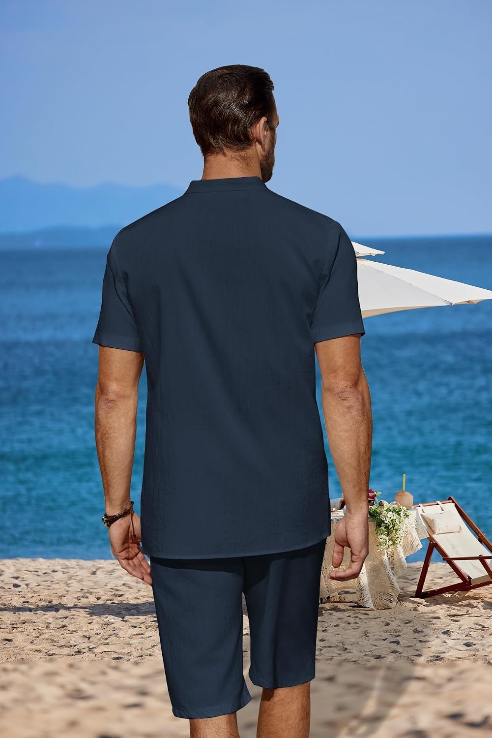 image:imageCOOFANDY Mens 2 Pieces Linen Set Casual Henley Shirts Beach Pants Outfits Button ClosureBeachSummerLightweight BreathableAdjustable DrawstringNavy Blue