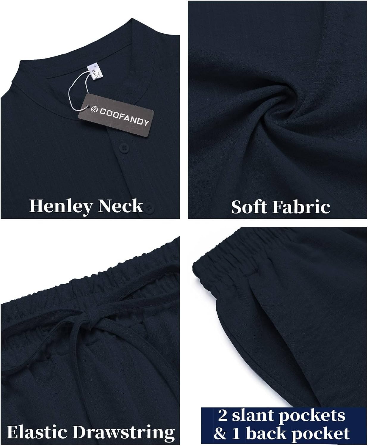 image:imageCOOFANDY Mens 2 Pieces Linen Set Casual Henley Shirts Beach Pants Outfits Button ClosureBeachSummerLightweight BreathableAdjustable DrawstringNavy Blue