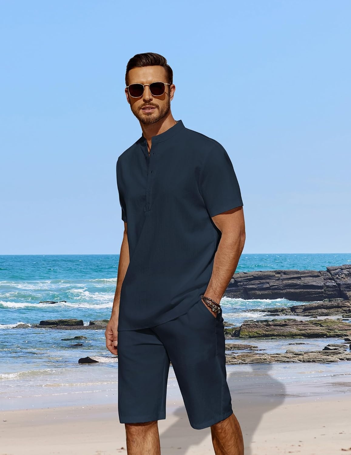 image:imageCOOFANDY Mens 2 Pieces Linen Set Casual Henley Shirts Beach Pants Outfits Button ClosureBeachSummerLightweight BreathableAdjustable DrawstringNavy Blue