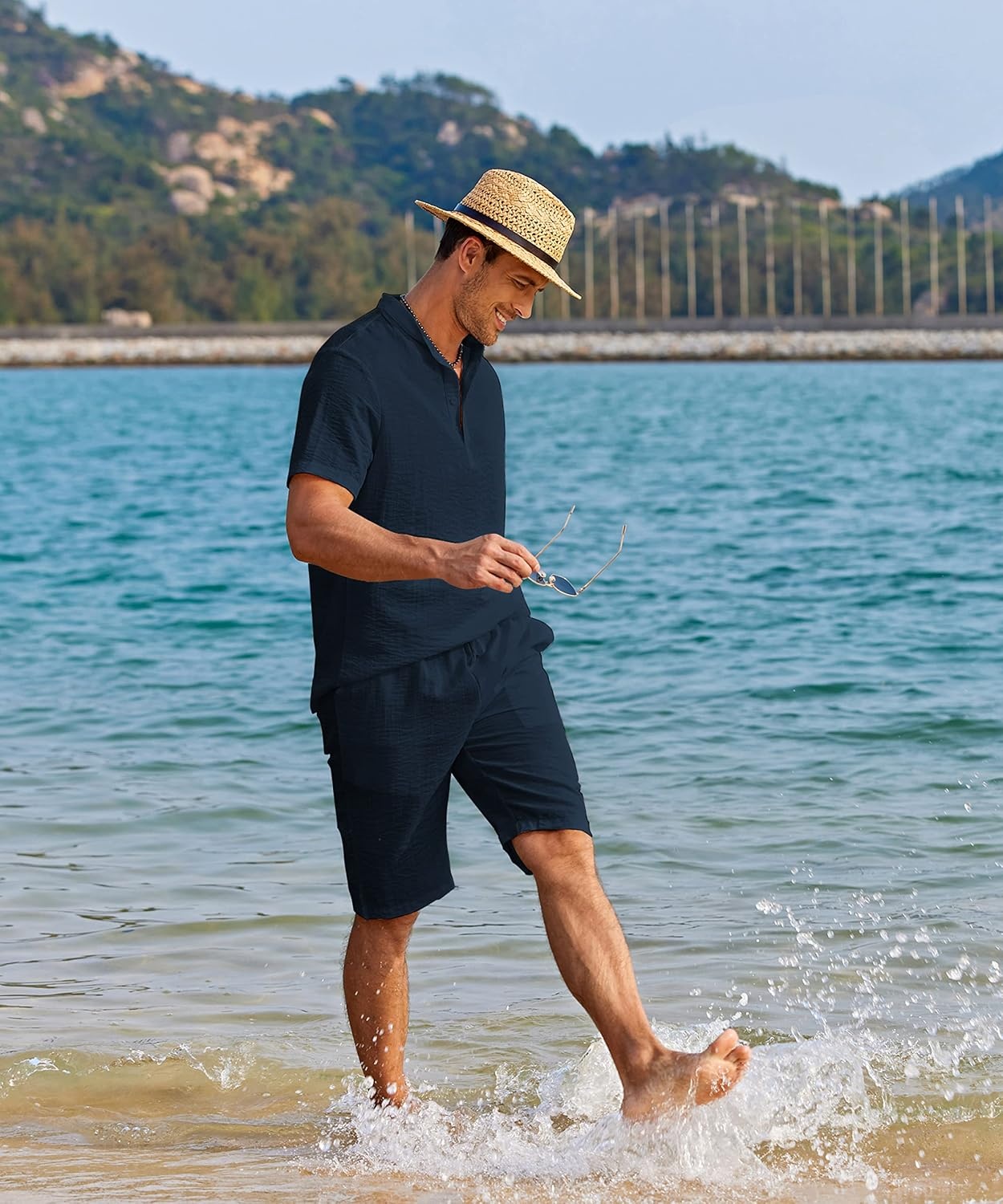 image:imageCOOFANDY Mens 2 Pieces Linen Set Casual Henley Shirts Beach Pants Outfits Button ClosureBeachSummerLightweight BreathableAdjustable DrawstringNavy Blue