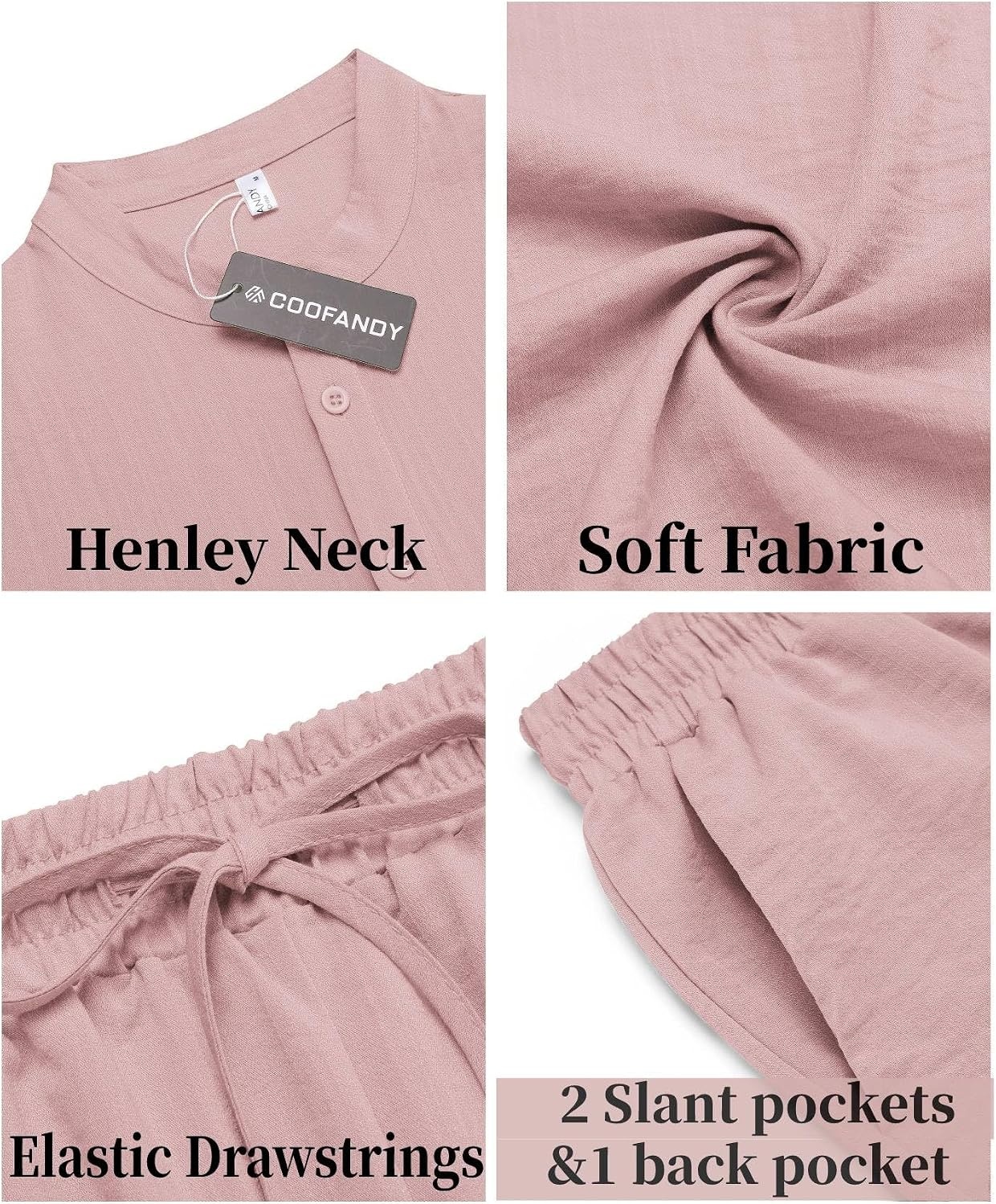 image:imageCOOFANDY Mens 2 Pieces Linen Set Casual Henley Shirts Beach Pants Outfits Button ClosureBeachSummerLightweight BreathableAdjustable DrawstringPink