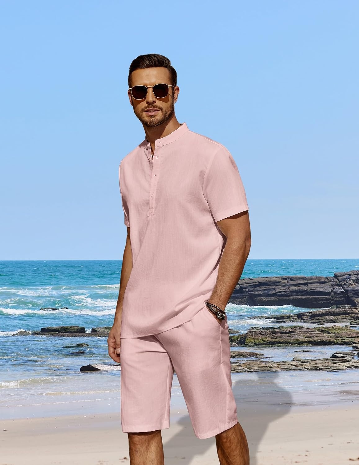image:imageCOOFANDY Mens 2 Pieces Linen Set Casual Henley Shirts Beach Pants Outfits Button ClosureBeachSummerLightweight BreathableAdjustable DrawstringPink