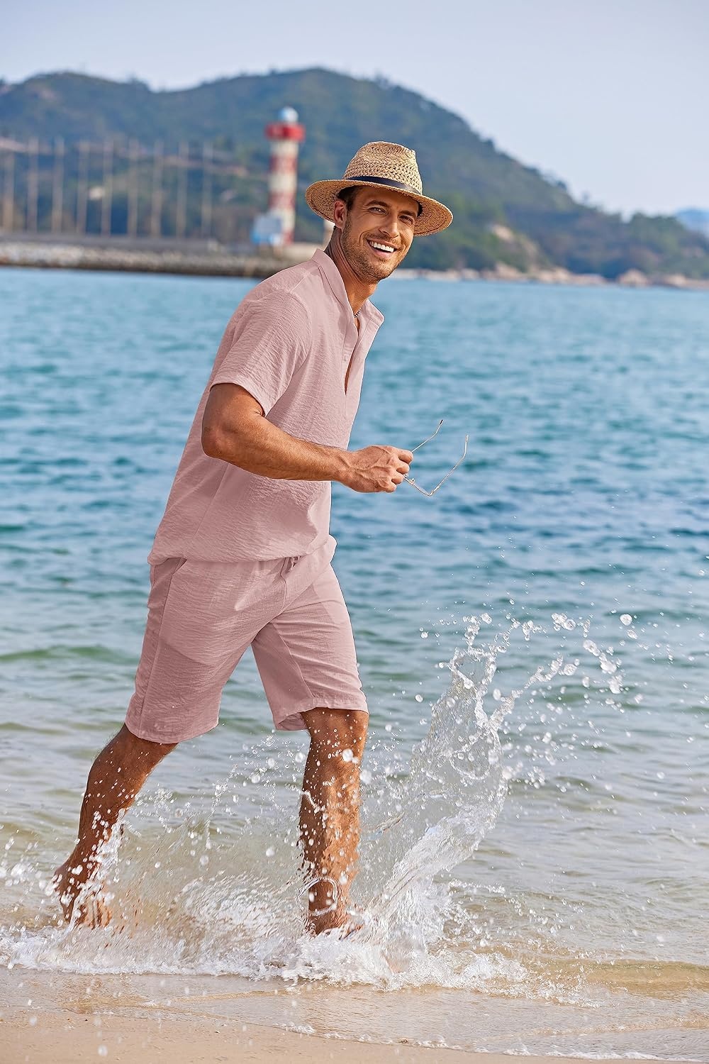 image:imageCOOFANDY Mens 2 Pieces Linen Set Casual Henley Shirts Beach Pants Outfits Button ClosureBeachSummerLightweight BreathableAdjustable DrawstringPink