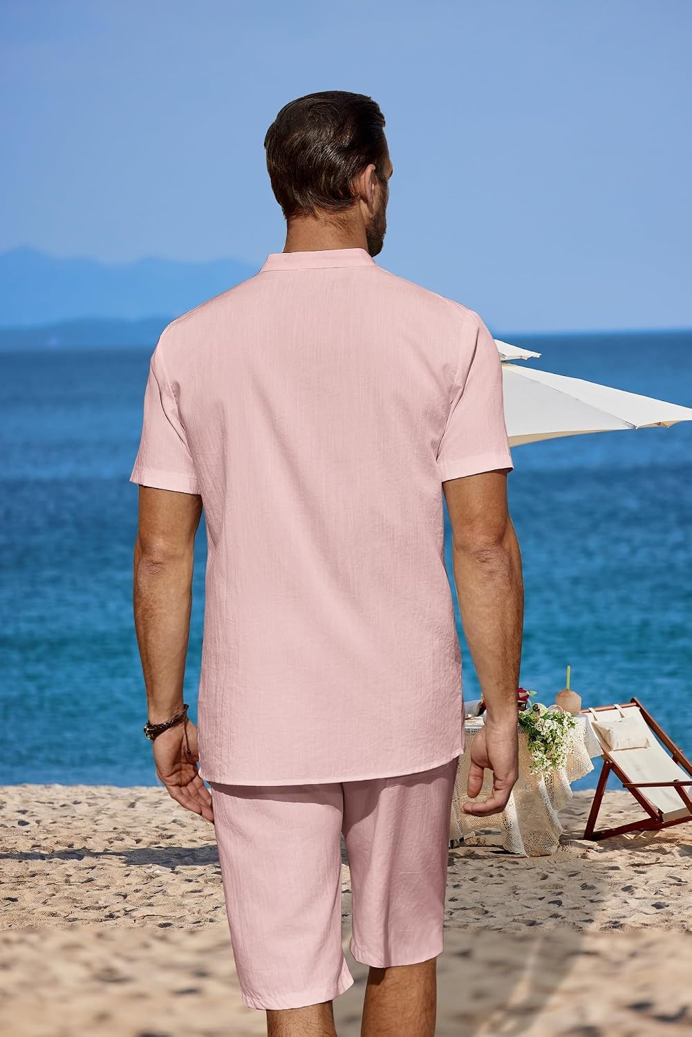 image:imageCOOFANDY Mens 2 Pieces Linen Set Casual Henley Shirts Beach Pants Outfits Button ClosureBeachSummerLightweight BreathableAdjustable DrawstringPink