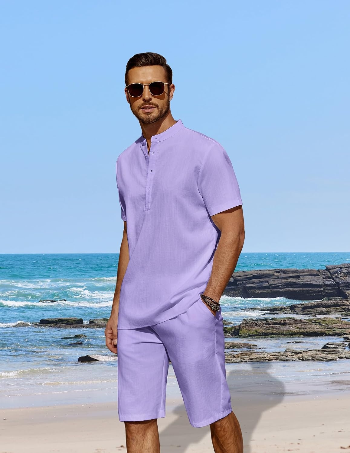 image:imageCOOFANDY Mens 2 Pieces Linen Set Casual Henley Shirts Beach Pants Outfits Button ClosureBeachSummerLightweight BreathableAdjustable DrawstringPurple