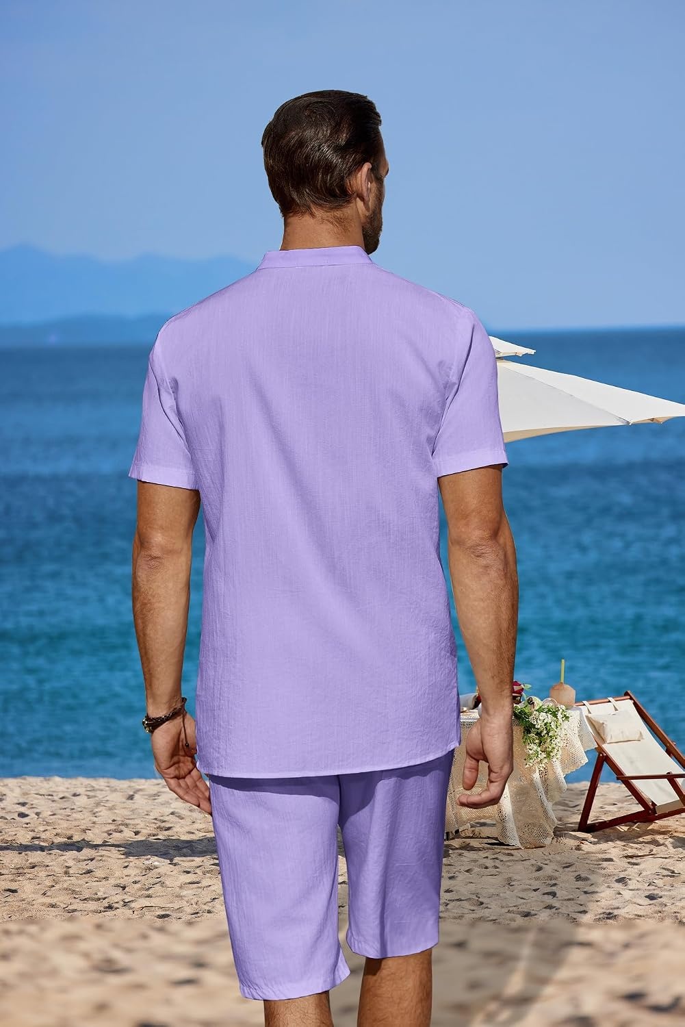 image:imageCOOFANDY Mens 2 Pieces Linen Set Casual Henley Shirts Beach Pants Outfits Button ClosureBeachSummerLightweight BreathableAdjustable DrawstringPurple