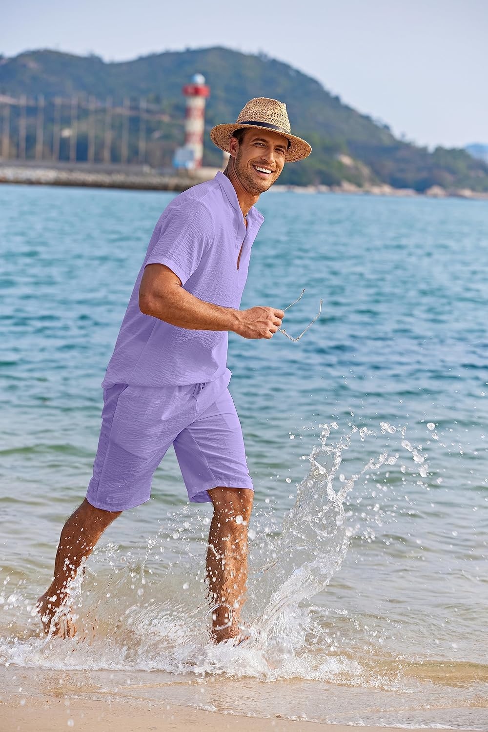 image:imageCOOFANDY Mens 2 Pieces Linen Set Casual Henley Shirts Beach Pants Outfits Button ClosureBeachSummerLightweight BreathableAdjustable DrawstringPurple