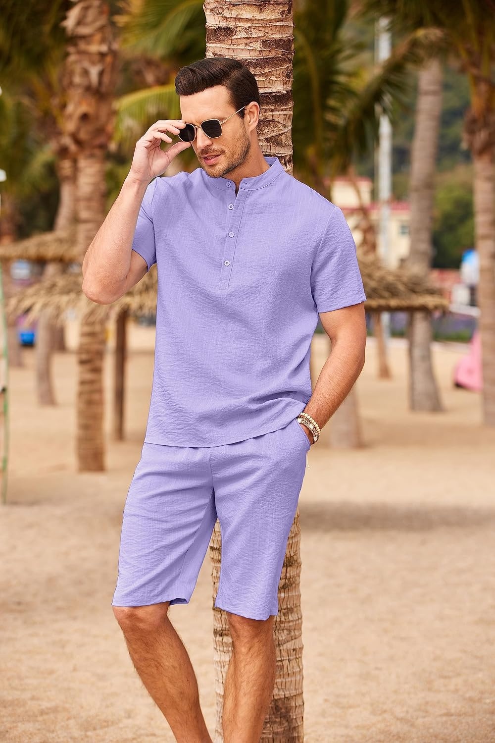 image:imageCOOFANDY Mens 2 Pieces Linen Set Casual Henley Shirts Beach Pants Outfits Button ClosureBeachSummerLightweight BreathableAdjustable DrawstringPurple