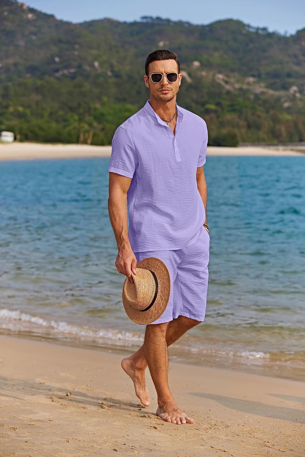 image:imageCOOFANDY Mens 2 Pieces Linen Set Casual Henley Shirts Beach Pants Outfits Button ClosureBeachSummerLightweight BreathableAdjustable DrawstringPurple