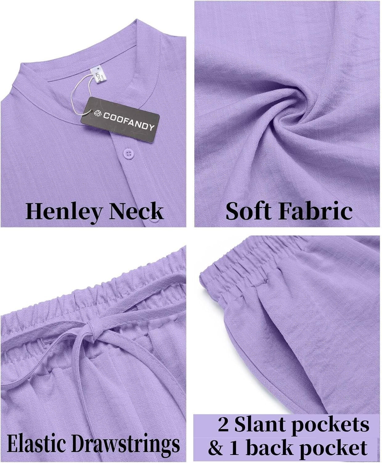 image:imageCOOFANDY Mens 2 Pieces Linen Set Casual Henley Shirts Beach Pants Outfits Button ClosureBeachSummerLightweight BreathableAdjustable DrawstringPurple