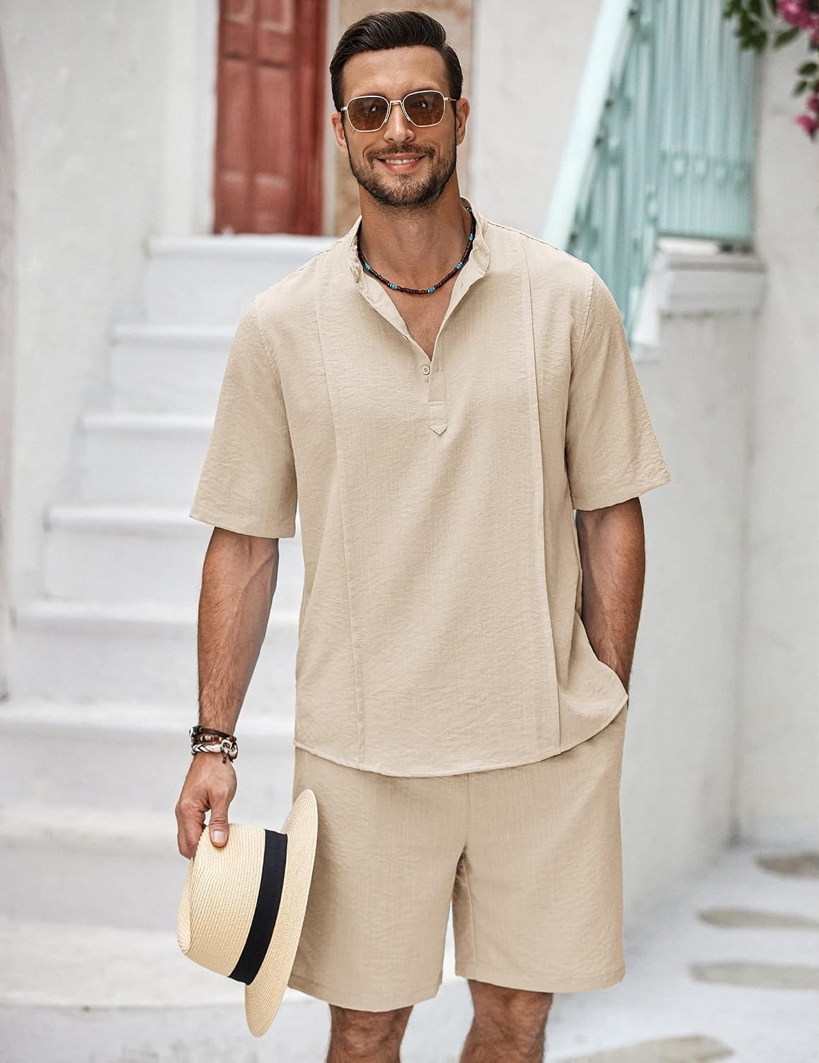 image:imageCOOFANDY Mens 2 Pieces Linen Set Henley Shirt Short Sleeve and Shorts Short Sets 2 Pieces Outfits Button Closure Lightweight Breathable Summer Beach Yoga Matching SetsLight Khaki