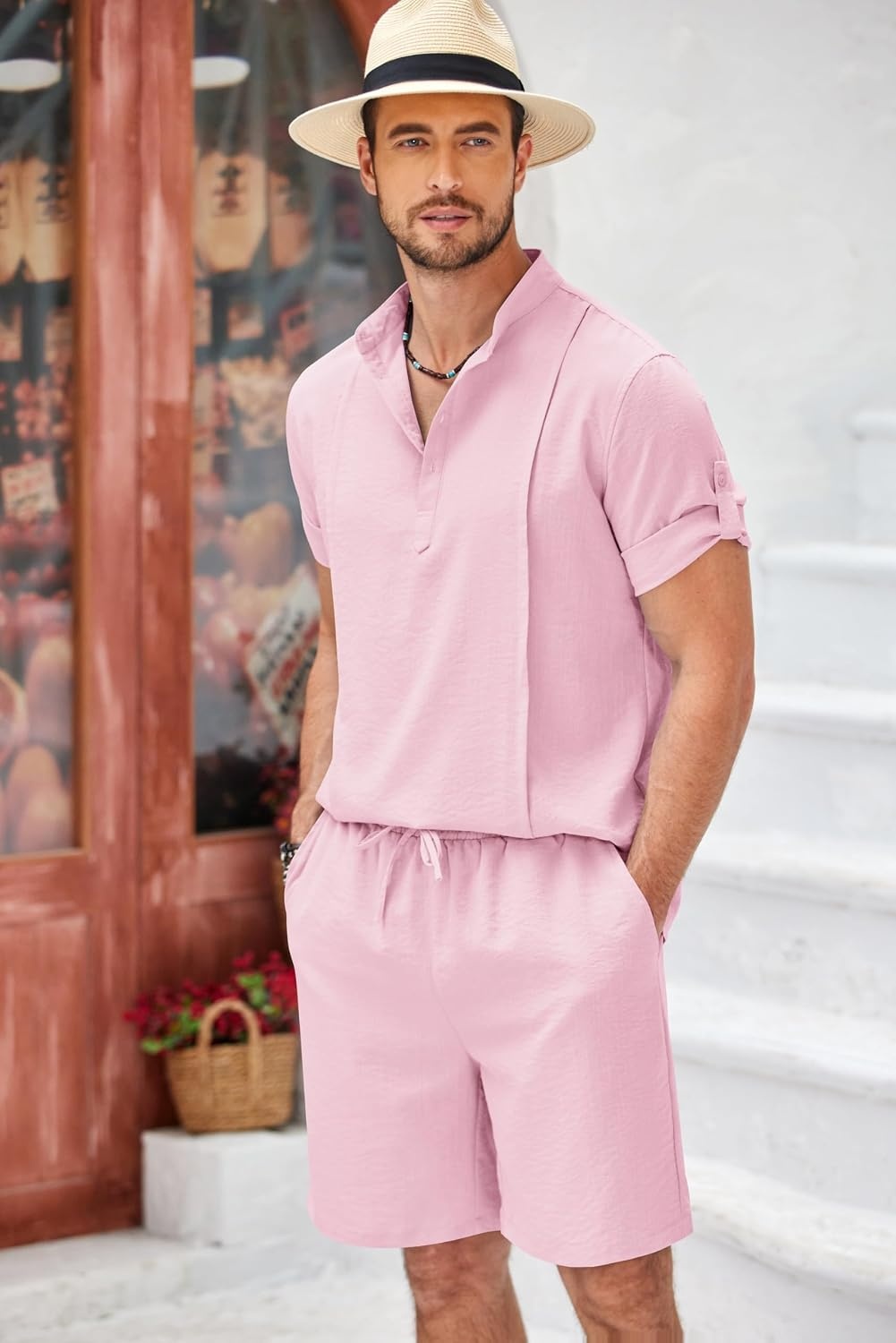 image:imageCOOFANDY Mens 2 Pieces Linen Set Henley Shirt Short Sleeve and Shorts Short Sets 2 Pieces Outfits Button Closure Lightweight Breathable Summer Beach Yoga Matching SetsPink