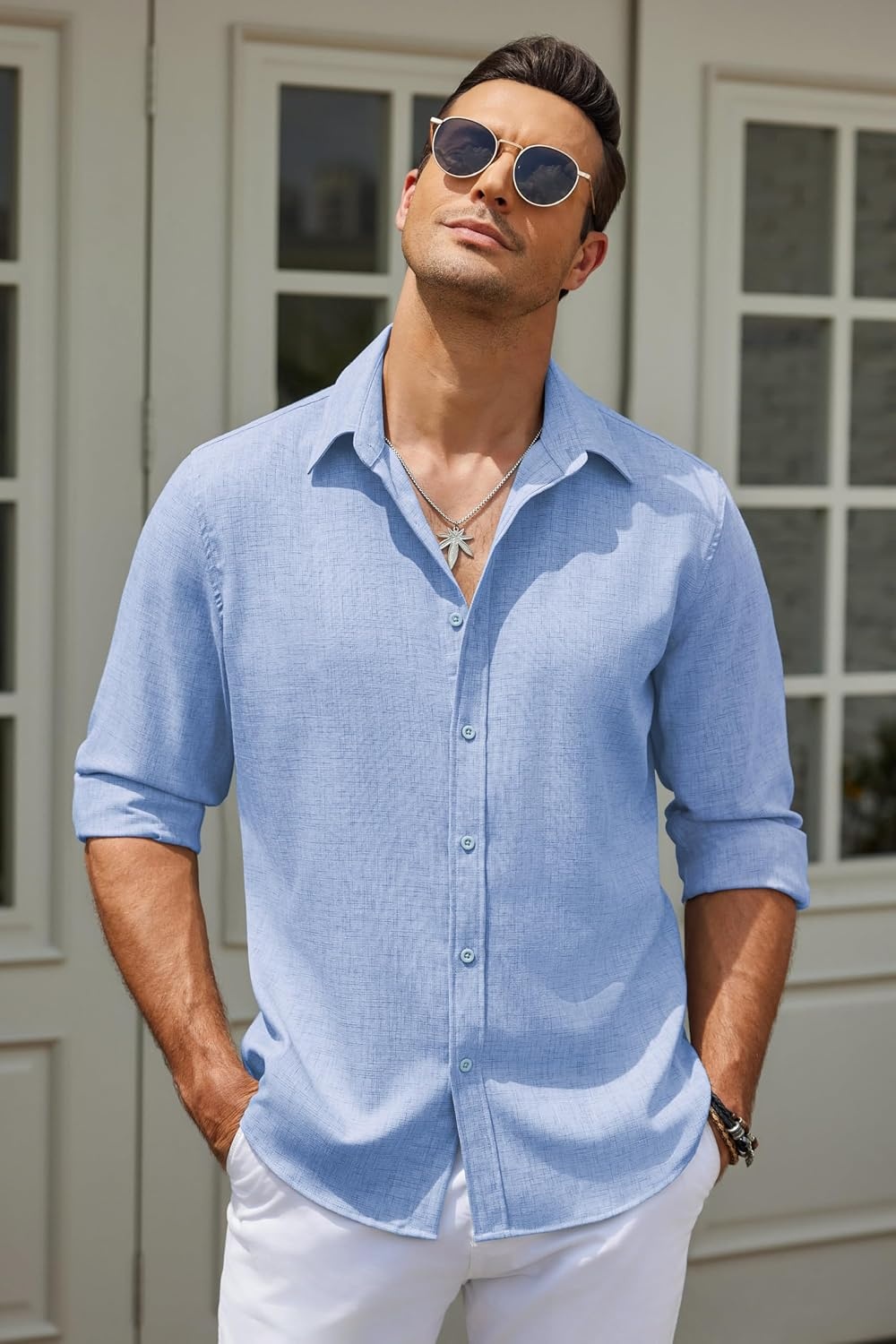 image:imageCOOFANDY Mens Button Down Shirt Long Sleeve Untucked Shirts Summer Casual Dress ShirtsAndromeda Blue