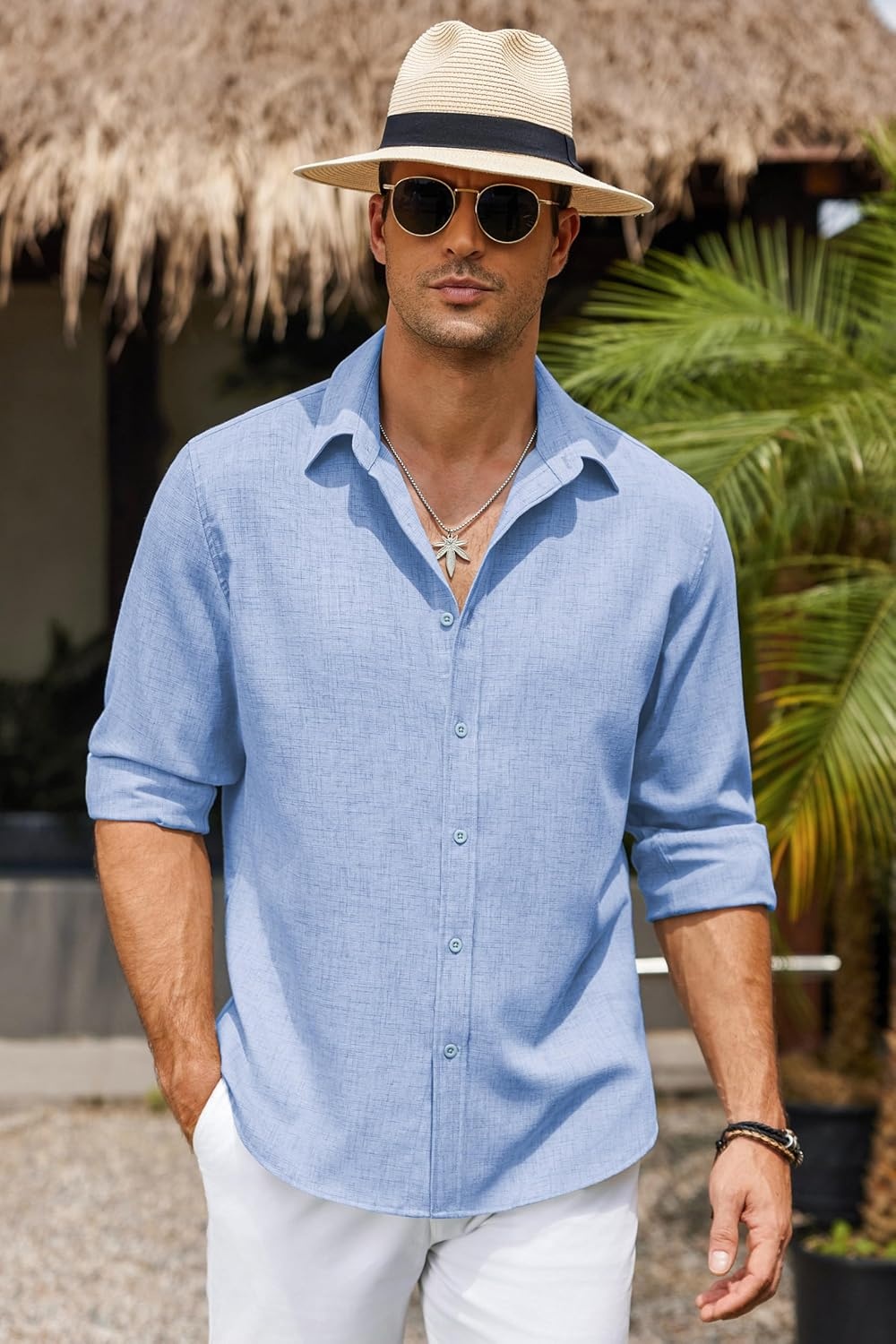 image:imageCOOFANDY Mens Button Down Shirt Long Sleeve Untucked Shirts Summer Casual Dress ShirtsAndromeda Blue