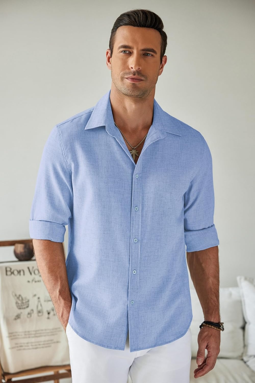 image:imageCOOFANDY Mens Button Down Shirt Long Sleeve Untucked Shirts Summer Casual Dress ShirtsAndromeda Blue