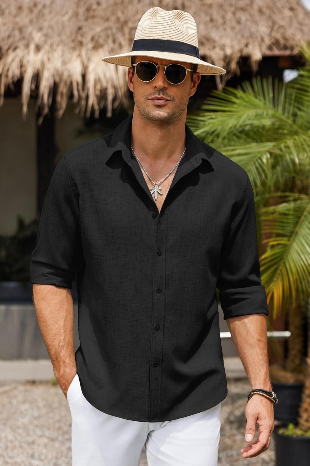 image:imageCOOFANDY Mens Button Down Shirt Long Sleeve Untucked Shirts Summer Casual Dress ShirtsBlack Onyx