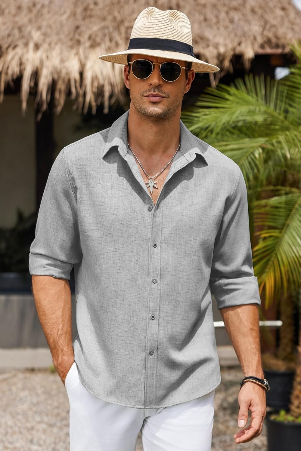 image:imageCOOFANDY Mens Button Down Shirt Long Sleeve Untucked Shirts Summer Casual Dress ShirtsLight Grey