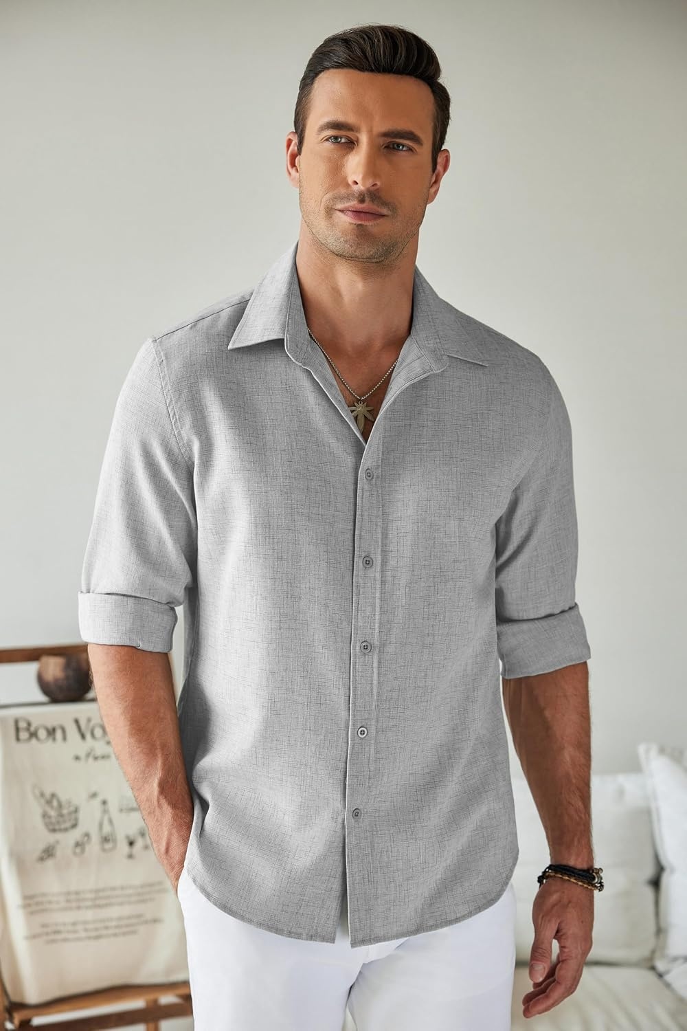 image:imageCOOFANDY Mens Button Down Shirt Long Sleeve Untucked Shirts Summer Casual Dress ShirtsLight Grey
