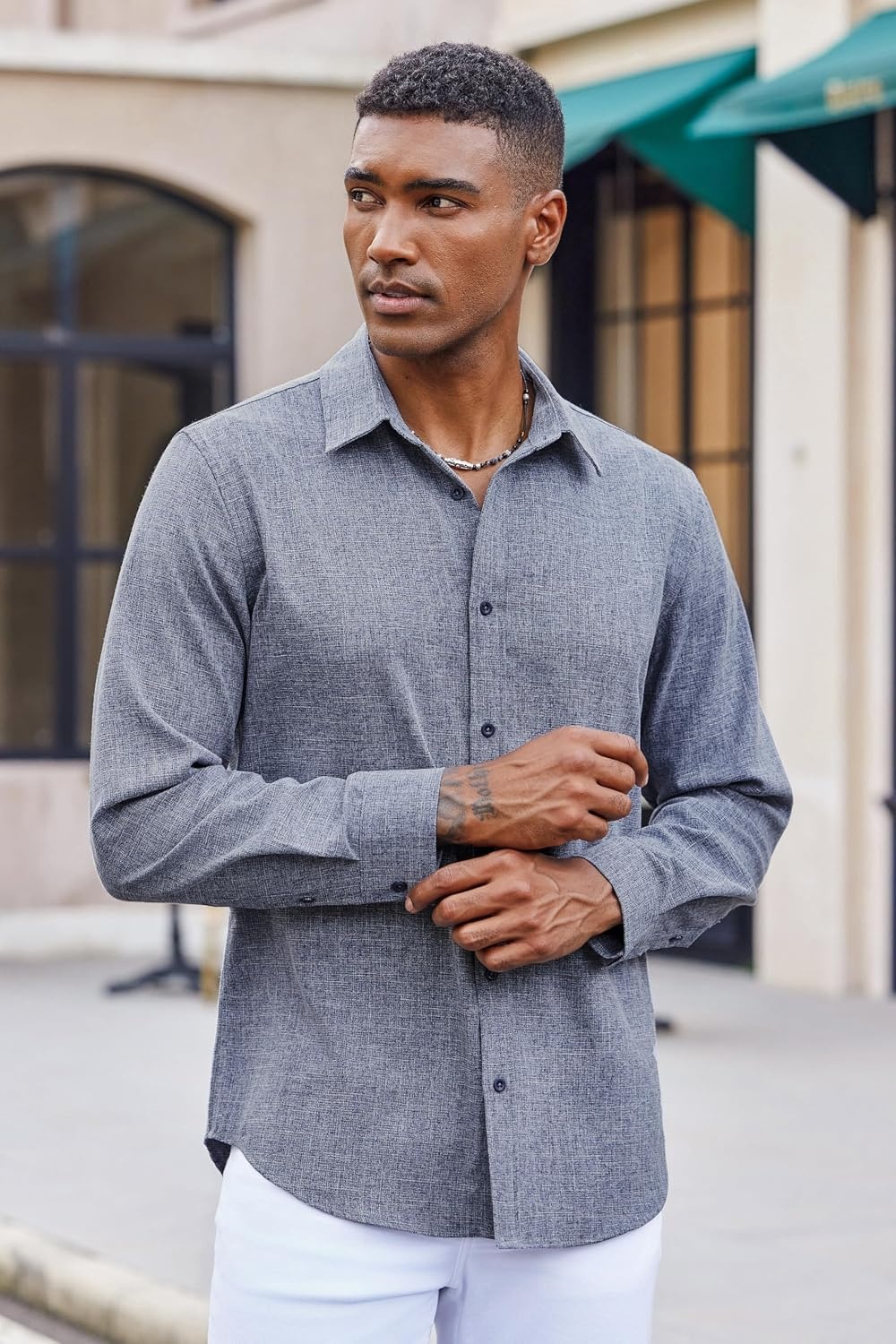 image:imageCOOFANDY Mens Button Down Shirt Long Sleeve Untucked Shirts Summer Casual Dress ShirtsMedieval Blue