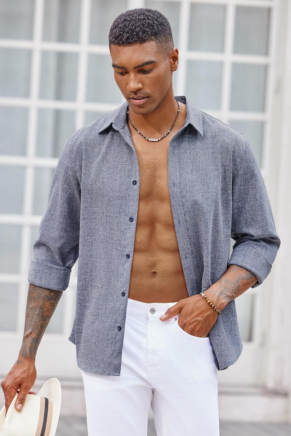 image:imageCOOFANDY Mens Button Down Shirt Long Sleeve Untucked Shirts Summer Casual Dress ShirtsMedieval Blue