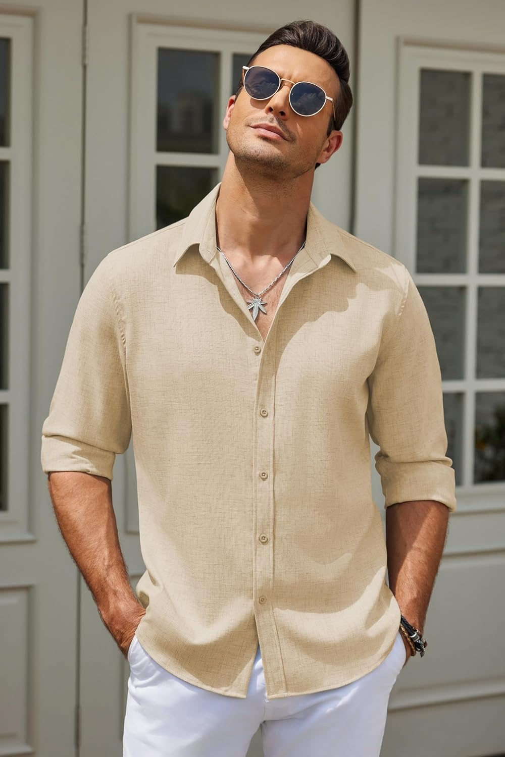 image:imageCOOFANDY Mens Button Down Shirt Long Sleeve Untucked Shirts Summer Casual Dress ShirtsShortbread