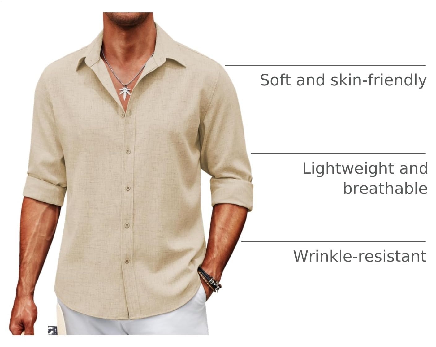 image:imageCOOFANDY Mens Button Down Shirt Long Sleeve Untucked Shirts Summer Casual Dress ShirtsShortbread