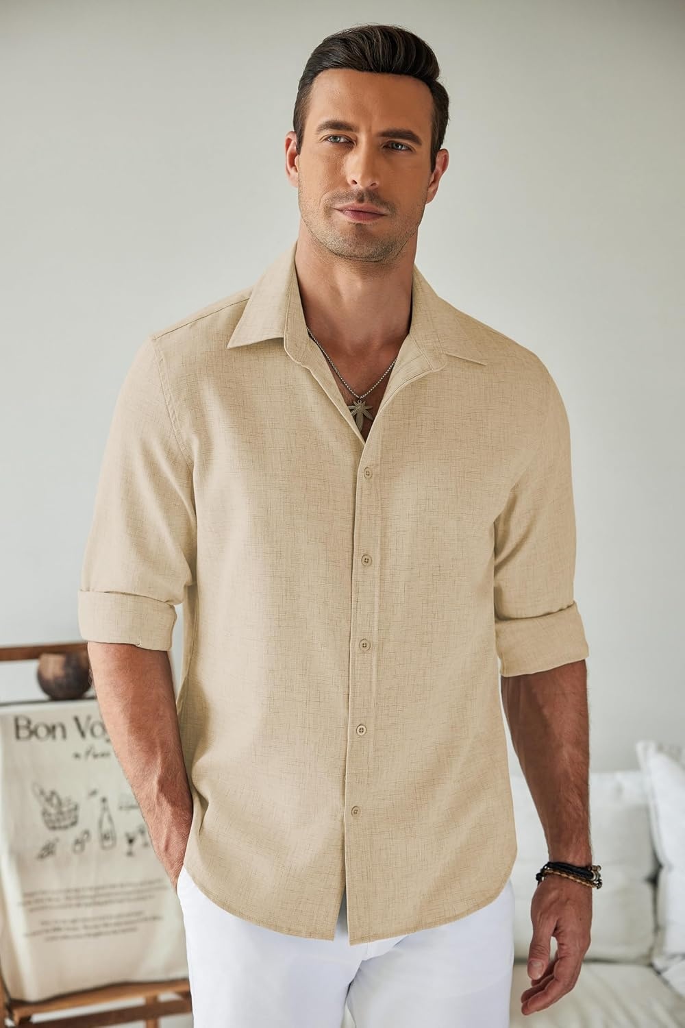 image:imageCOOFANDY Mens Button Down Shirt Long Sleeve Untucked Shirts Summer Casual Dress ShirtsShortbread