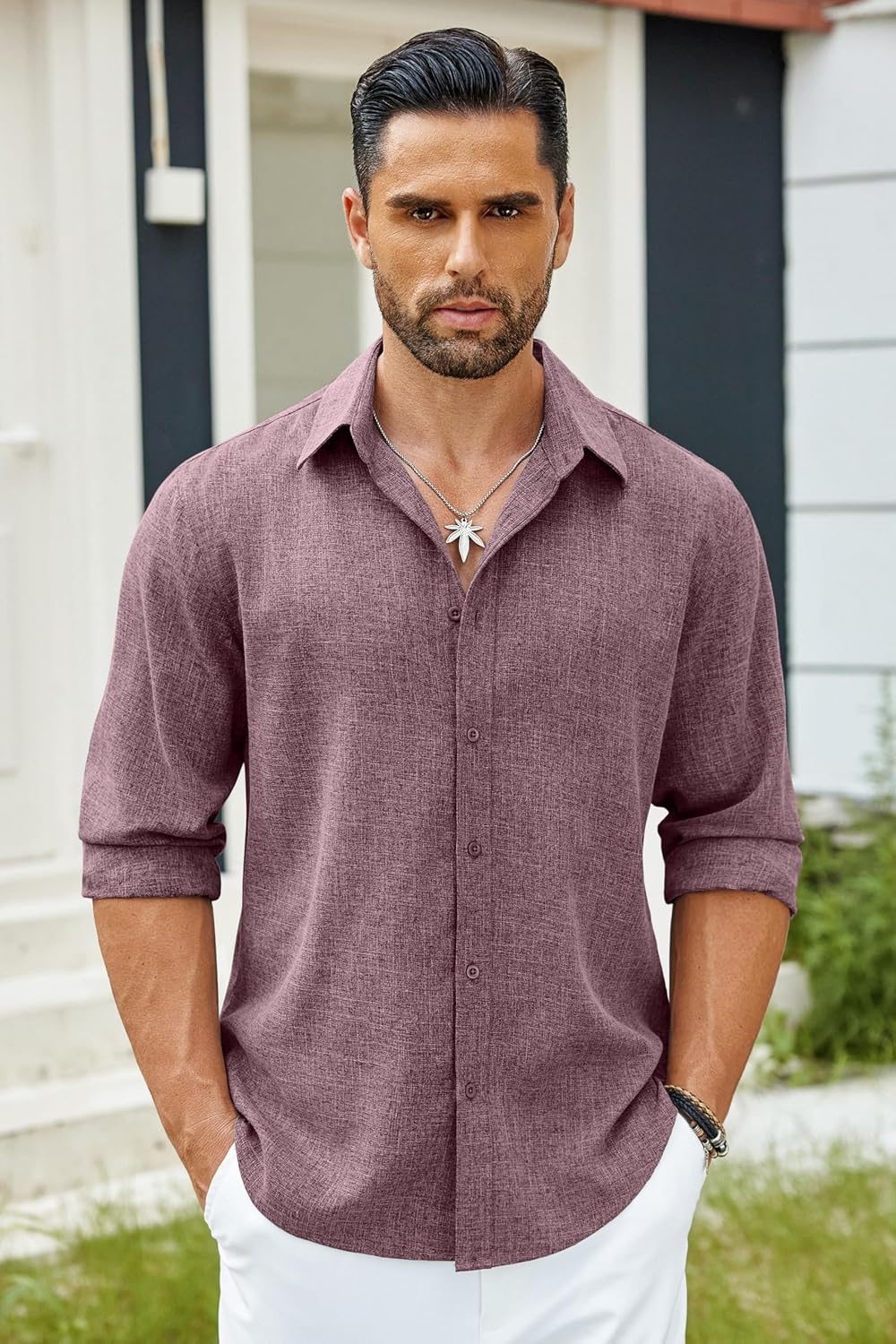 image:imageCOOFANDY Mens Button Down Shirt Long Sleeve Untucked Shirts Summer Casual Dress ShirtsTawny Port