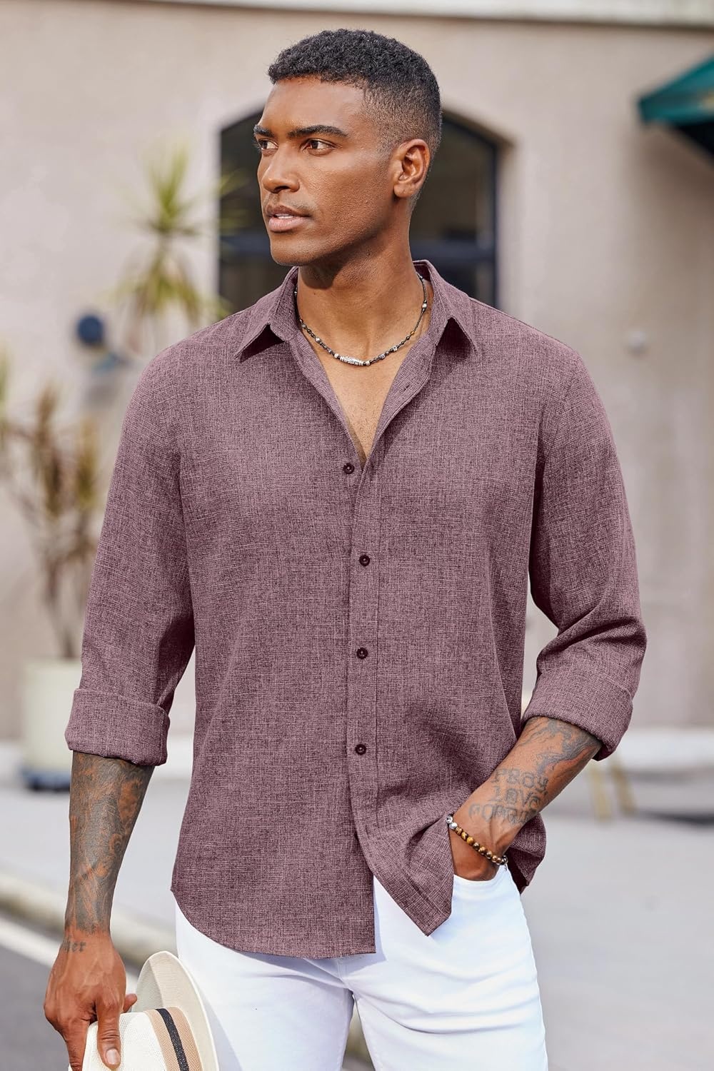 image:imageCOOFANDY Mens Button Down Shirt Long Sleeve Untucked Shirts Summer Casual Dress ShirtsTawny Port