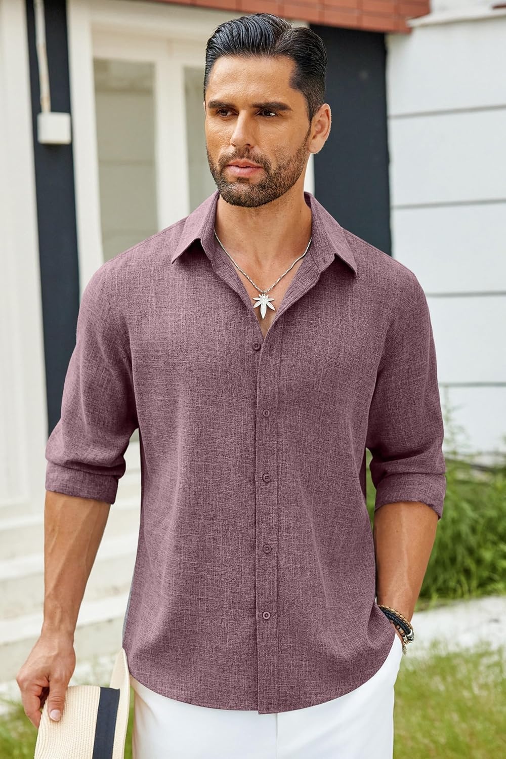 image:imageCOOFANDY Mens Button Down Shirt Long Sleeve Untucked Shirts Summer Casual Dress ShirtsTawny Port