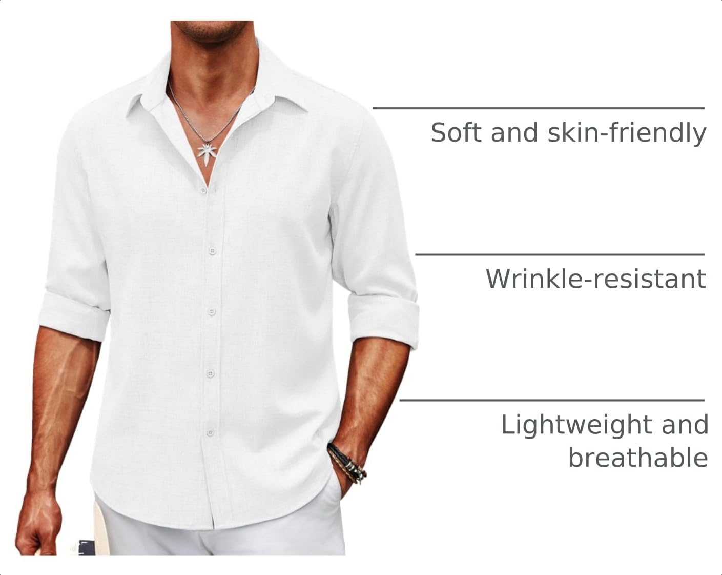 image:imageCOOFANDY Mens Button Down Shirt Long Sleeve Untucked Shirts Summer Casual Dress ShirtsWhite
