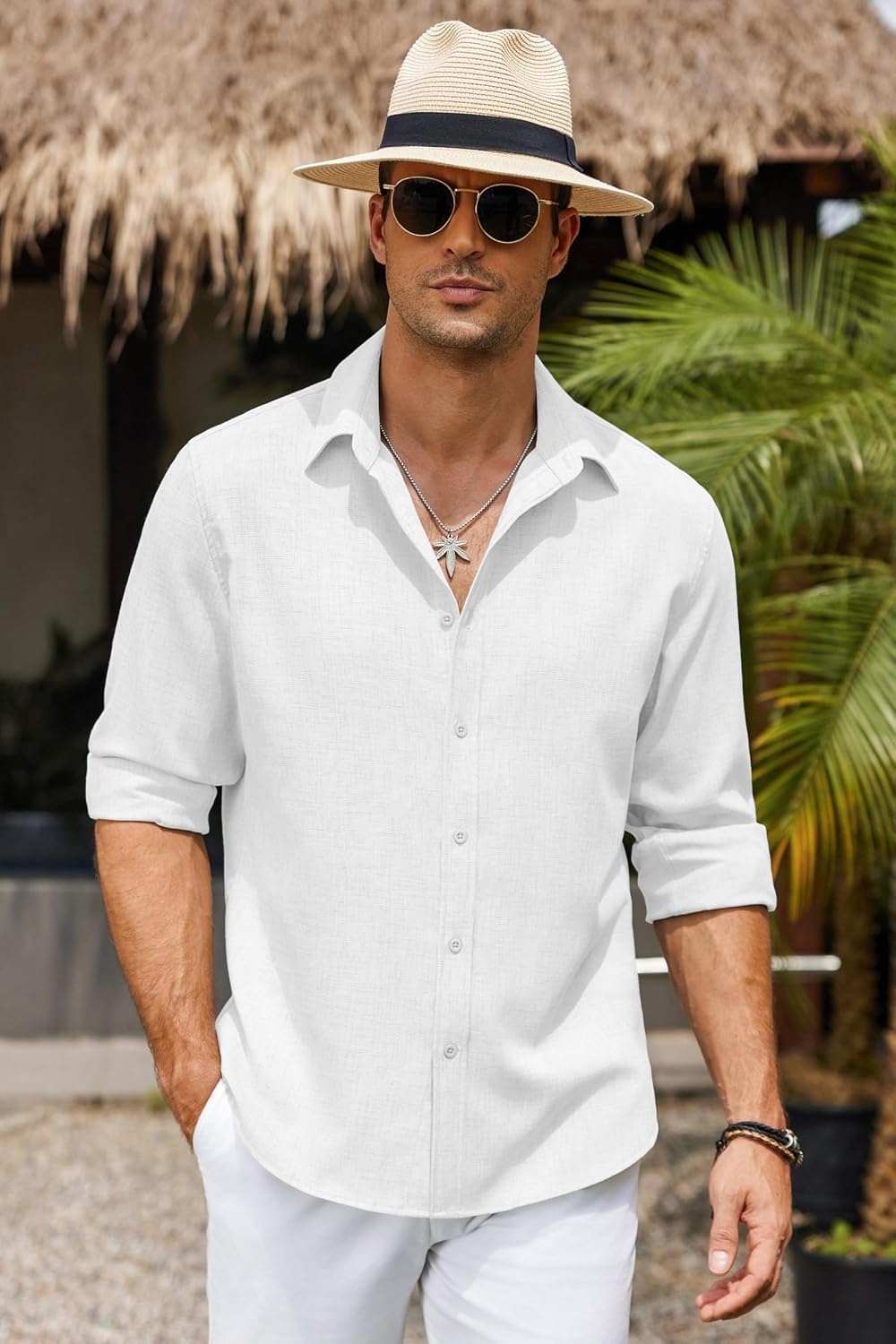 image:imageCOOFANDY Mens Button Down Shirt Long Sleeve Untucked Shirts Summer Casual Dress ShirtsWhite